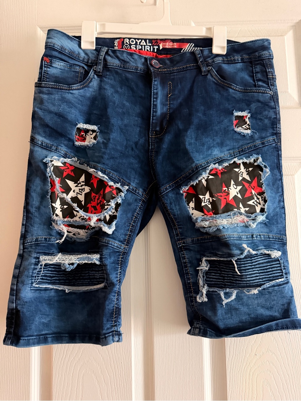 Men’s Distressed Star-Panel Denim Shorts - Navy Blue